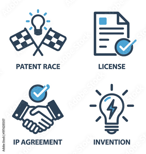 A vector illustration of four icons representing patent race, license, intellectual property agreement, and invention
