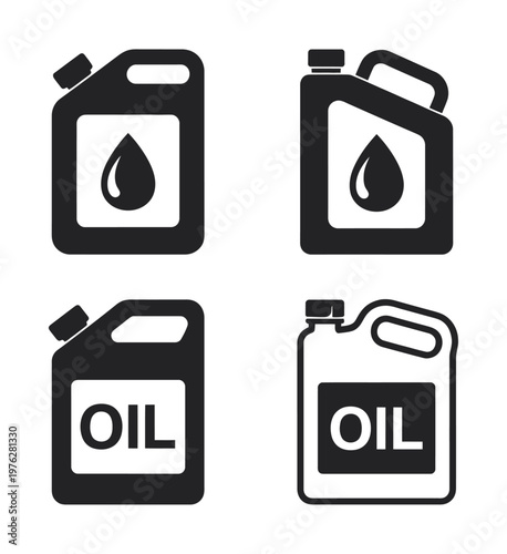 Four black and white vector illustrations of oil containers with drop symbols and text indicating contents.
