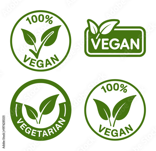 Green vector icons representing vegan and vegetarian dietary labels and badges