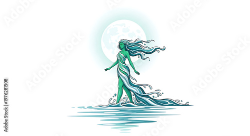A mystical woman emerges from the water under the light of the full moon
