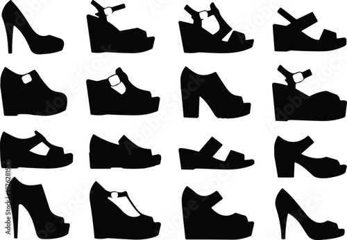 Shoe silhouettes collection, women footwear icons set, high heels wedges platform shoes, fashion footwear shapes black vector illustration pack