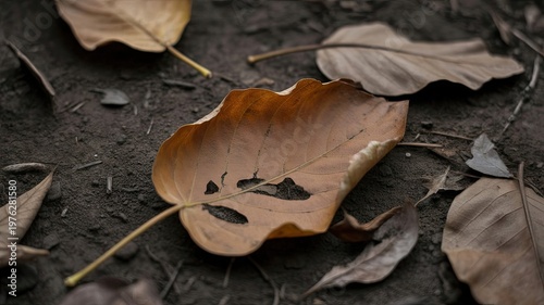 Dry leaves breaking down on soil illustrating organic decomposition