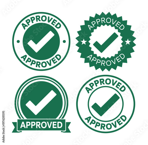 A vector design featuring four green approved stamps with checkmarks in various styles