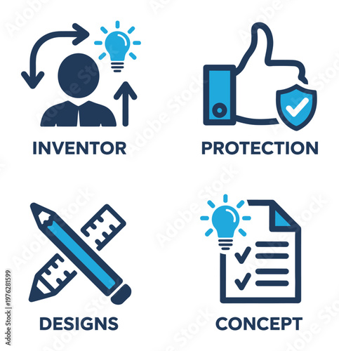 Innovation process icon set with inventor protection design concept creativity vector business symbols illustration design