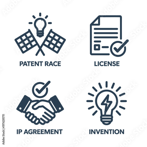 A vector illustration of the intellectual property process depicting patent race, license, IP agreement, and invention
