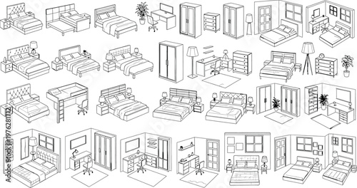 Isometric furniture set detailed black and white line art isolated on transparent background