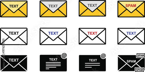 Set of email icons including yellow and black envelopes with text and spam labels for communication and mailing.