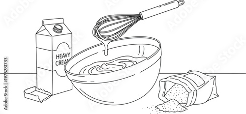 Preparing ingredients with heavy cream and butter in a mixing bowl Vector