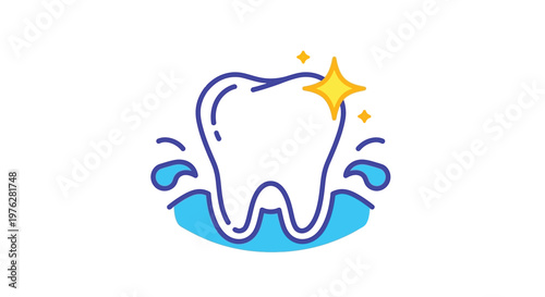 A cartoon tooth with sparkles and water droplets on a clean white background