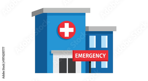A blue hospital building with an emergency sign and a red cross on the front