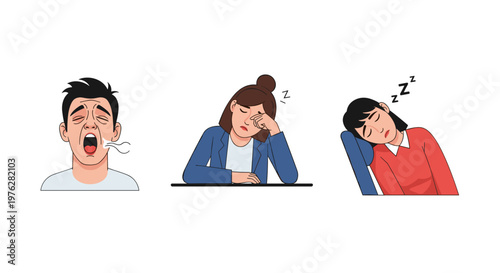 Various cartoon people depicting feelings of tiredness, yawning, and falling asleep from overwhelming fatigue and stress.