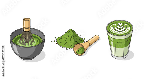 Green matcha tea set featuring a bamboo whisk organic powder heap and a delicious layered latte drink