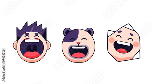 Group of three distinct animated character faces with widely opened mouths expressing loud laughter or joyful shouting.