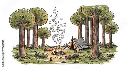 Camp tent and campfire among tall pine trees.