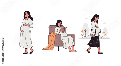 Pregnant women engaging in various daily life activities shown in a minimalist flat vector illustration style set