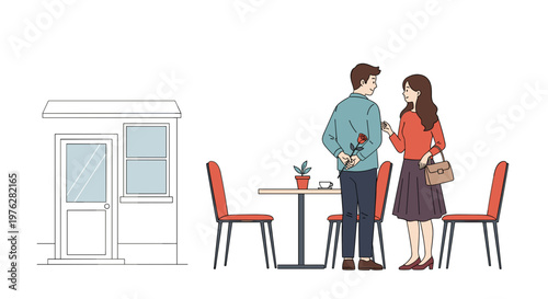 Loving man hiding a single red rose behind his back while surprising his girlfriend on a date