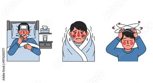 Various illustrations depicting a person suffering from common illness symptoms like fever, chills, and dizziness.