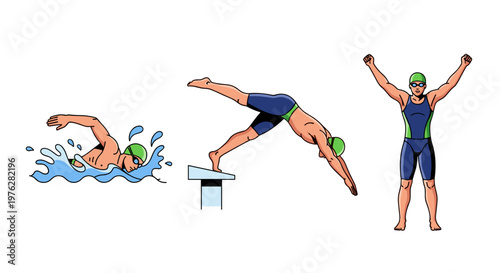 Professional athlete performing various swimming strokes and diving techniques while wearing a swimming cap and athletic gear