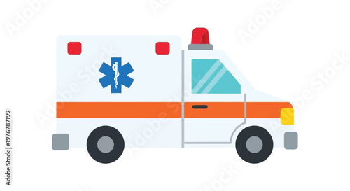 An ambulance with a red light on top is parked on a white background