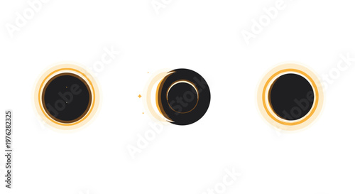 Artistic representation of three distinct stages of a solar eclipse featuring a dark disc and radiant halo.