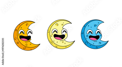 Vibrant trio of cheerful cartoon crescent moons with big happy smiles and lively expressions.