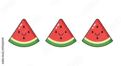 Three cheerful cartoon watermelon slices with vibrant red flesh and green rinds smiling happily on a white background.