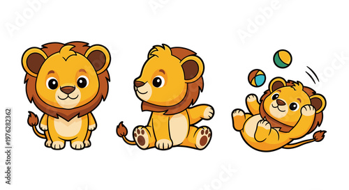 Adorable cartoon baby lion characters showcase playful poses and charming expressions in a delightful collection.