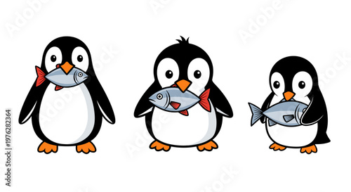 Three adorable cartoon penguins happily holding fresh fish they caught showcasing a cute family moment.