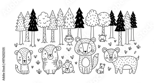 Cute Woodland Animal Group Line Art Illustration.