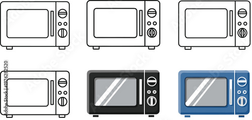 Set of microwave oven icons in different colors and styles for kitchen appliance and cooking.