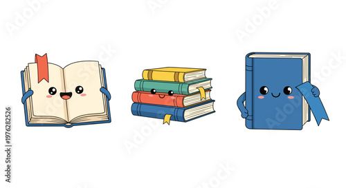 Charming cartoon books with happy faces and colorful bookmarks are perfect illustrations for education, learning, and fun.