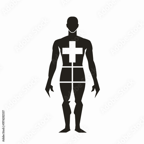 A silhouette of a human body, featuring a cross and segmented abdomen, on a white background