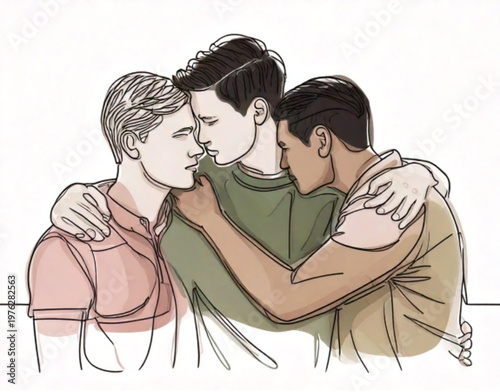 Three young men embracing in a close group hug.