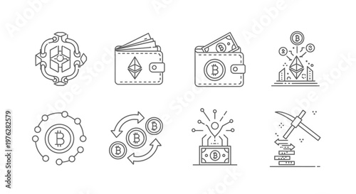 Cryptocurrency and blockchain line icons.