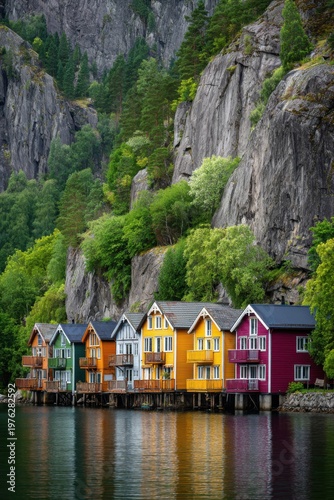 Colorful houses line the water at the base of steep cliffs in a quiet bay surrounded by green trees in Norway during a cloudy day