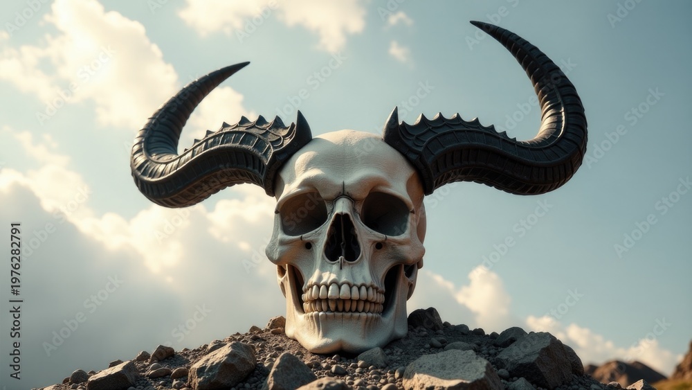 Fototapeta premium A skull with horns sits atop a pile of rocks, suitable for use in fantasy or horror-themed projects