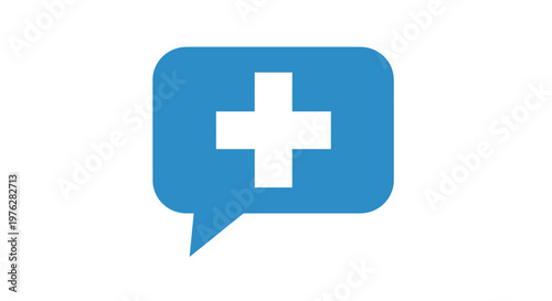 A blue speech bubble with a white cross symbolizes medical support and health services online