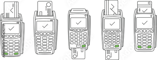 Set of payment terminals for cards and payment devices. collection of pos terminal machines for contactless payment technology.