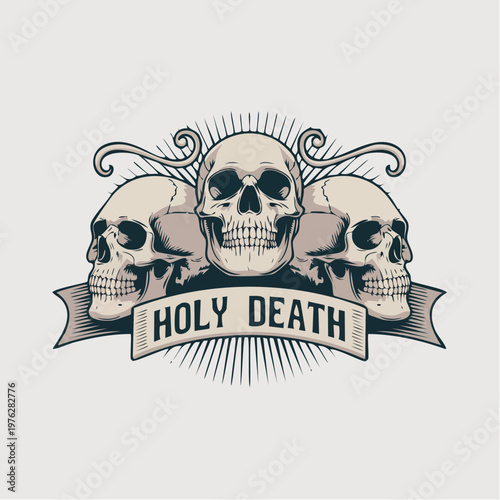 Tableau sur toile Three Skulls with Holy Death Banner Illustration.