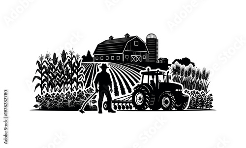 Farmer overseeing a tractor harvesting crops in a rural landscape