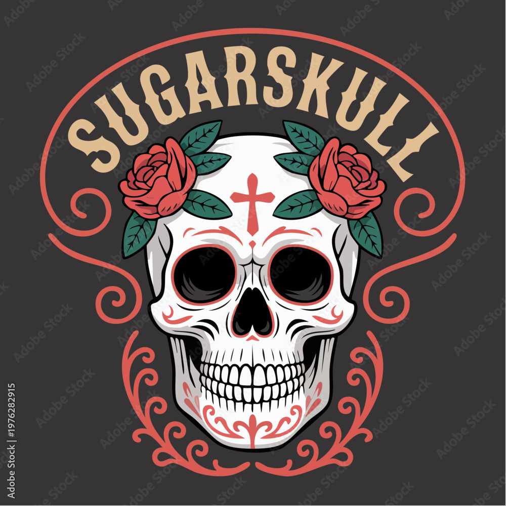 Fototapeta premium Vibrant Sugar Skull Artwork With Roses.