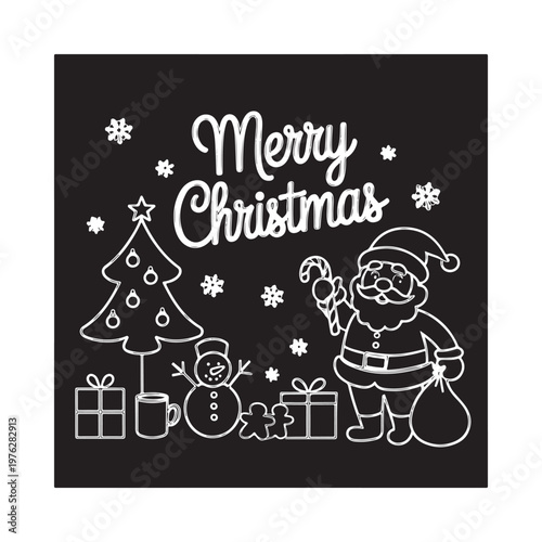 Festive christmas illustration featuring santa tree snowman and merry christmas text