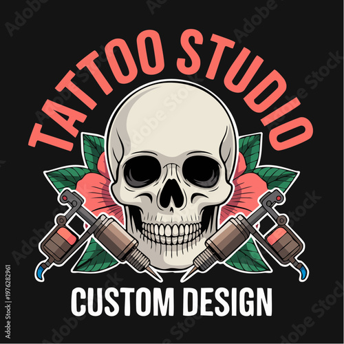 Skull Tattoo Studio Logo With Colorful Eyes.