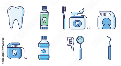 A collection of dental care items and tools for oral hygiene and health