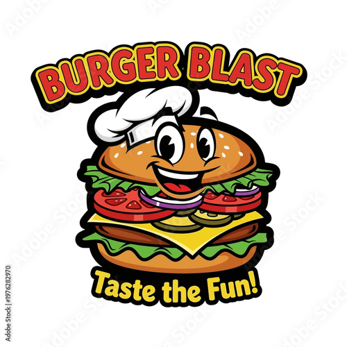 Cartoon cheeseburger with chef hat smiling.