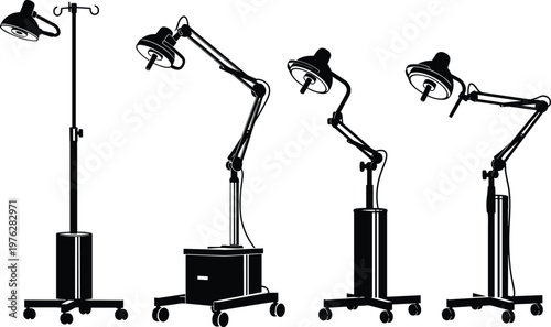 Medical examination lamps set, adjustable surgical lights silhouette, hospital equipment vector illustration isolated on white background for healthcare, clinic and operating room use