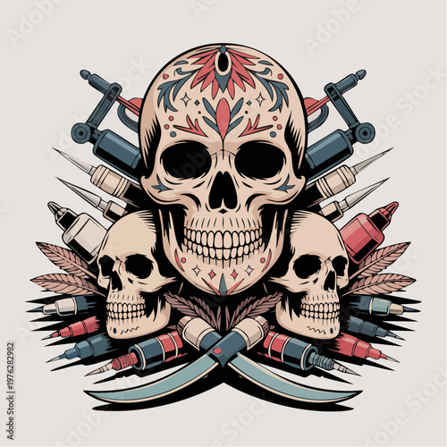 Decorative skull tattoo design with weapons and syringes.