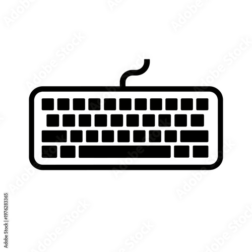 Computer keyboard icon, black and white illustration of a wired keyboard