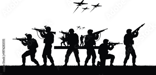 Military soldiers silhouette with rifles and aircraft formation, army combat scene vector illustration, defense forces action isolated on white background for design use