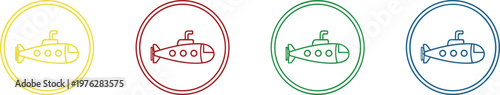 Submarine icons set in different colors yellow red green blue underwater vehicle symbols for travel.